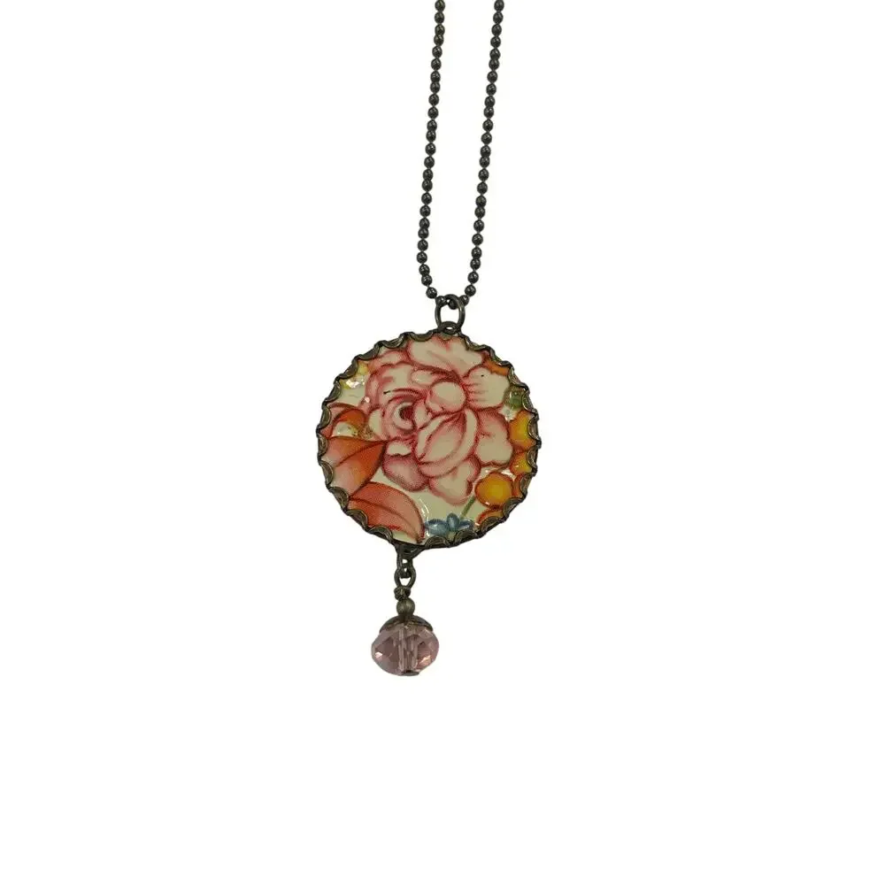Unbranded Orange Pink Floral Flower Pendant Necklace